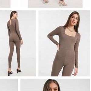 ASOS jersey square neck rib unitard in tobacco brown